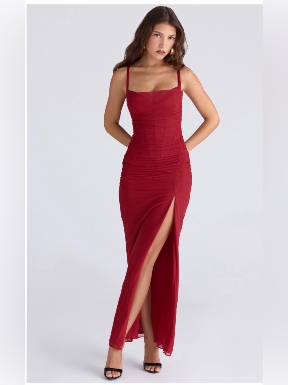 House of CB Red Ruched Maxi Dress with High Slit